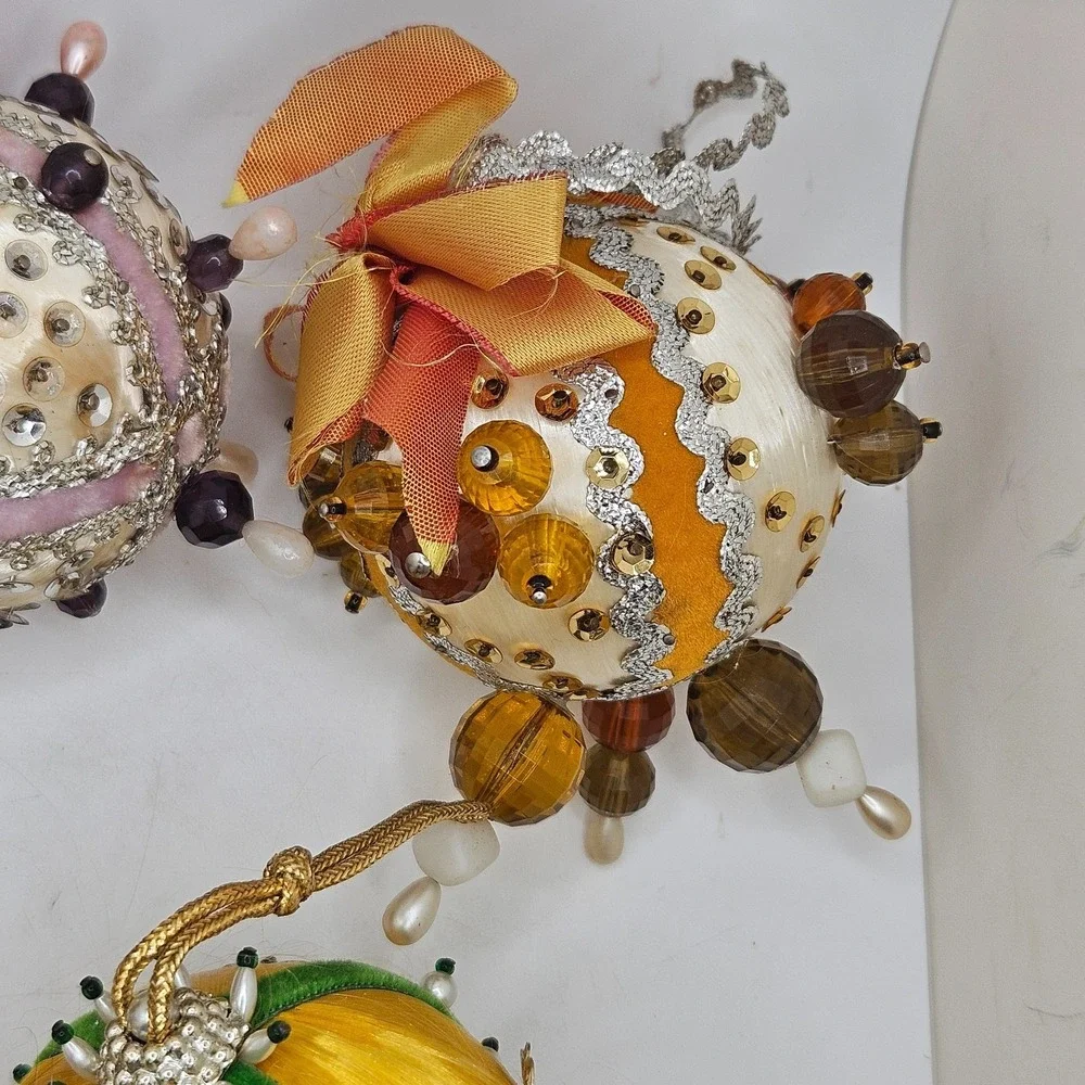 Vintage Handmade Satin Beaded Christmas Ornaments Lot of 5 Sequin Pearl Bead